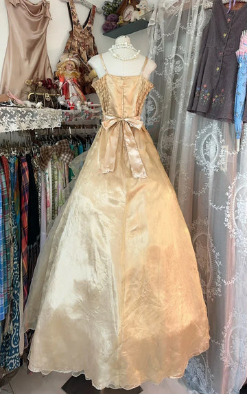 Princess A Line Spaghetti Strap Ruffle Golden Tulle Long Party Dress Evening Dress with Bow HZ1023